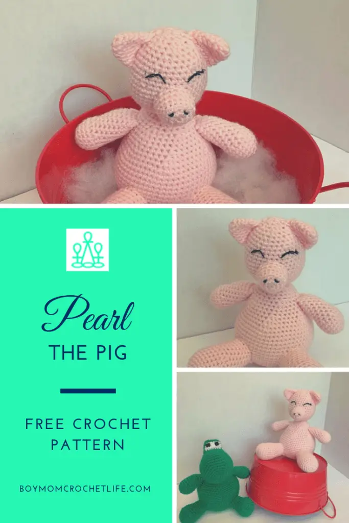 An adorable crochet amigurumi pattern, Pearl the Pig is looking for a kid to love her! This free crochet pattern is beginner friendly and uses less than one skein of yarn- perfect for a quick project or handmade gift! #freecrochetpattern #crochetgift #crochetforboys #crochetpig #crochetpigfree